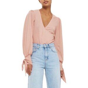 Women's 2 Topshop Wrap Front Tie Sleeve Blouse Blush Pink Textured Ties